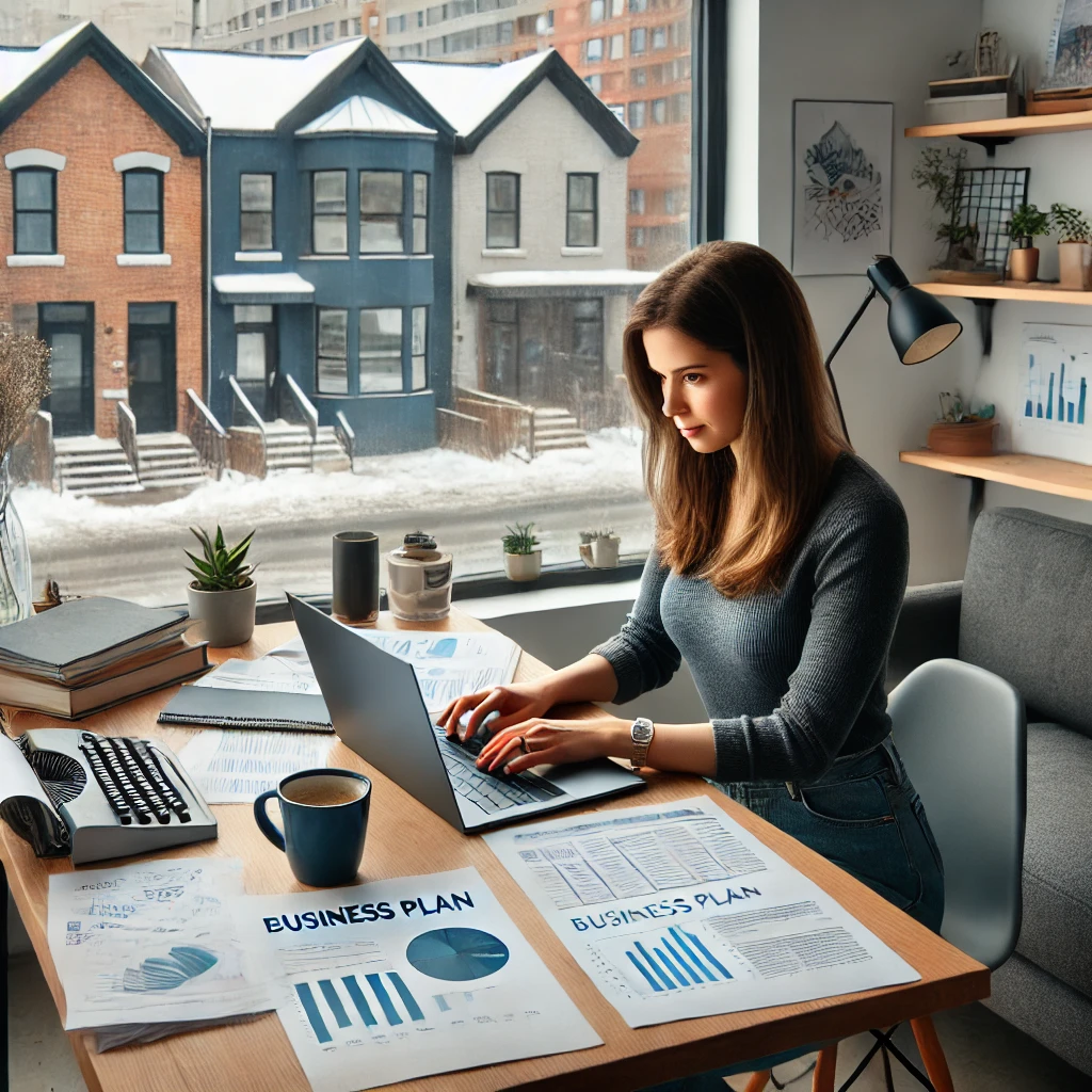 Illustration of an entrepreneur using AI tools to craft a business plan
