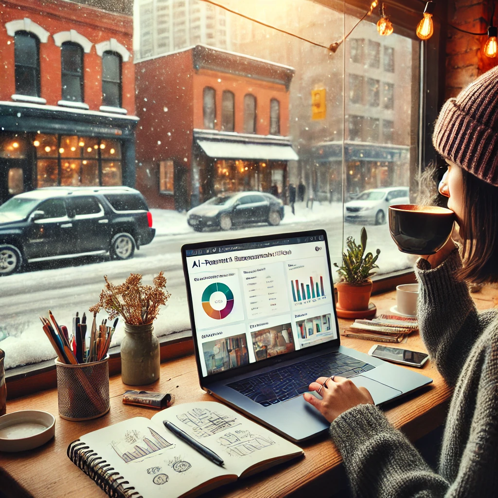 Illustration of Sarah, a Canadian entrepreneur using AI tools to identify bakery trends in Ottawa