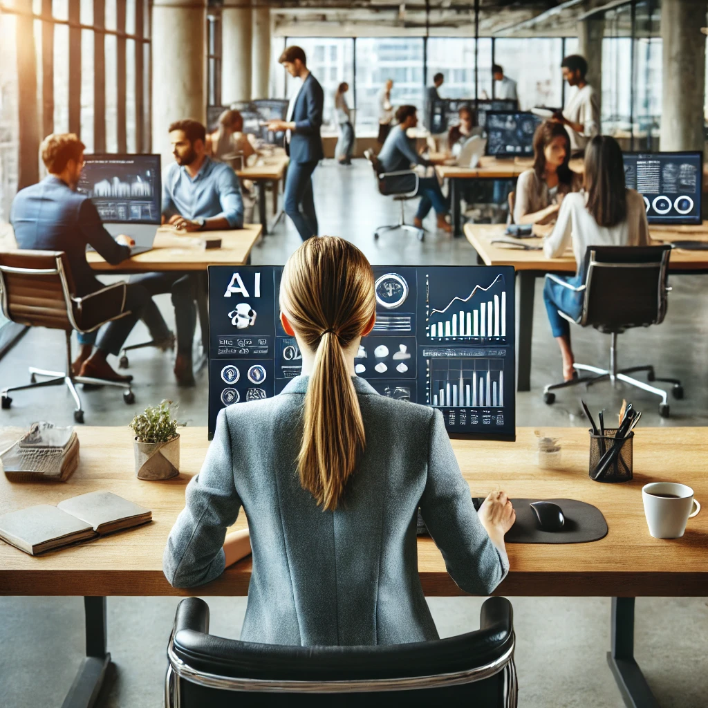 Illustration of a business owner leveraging AI tools for scaling and automation